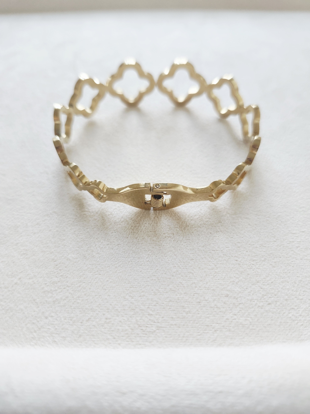Gold Tone Open Clover Bangle Bracelet Crystal Pave Accents Hinged - Picture 3 of 5
